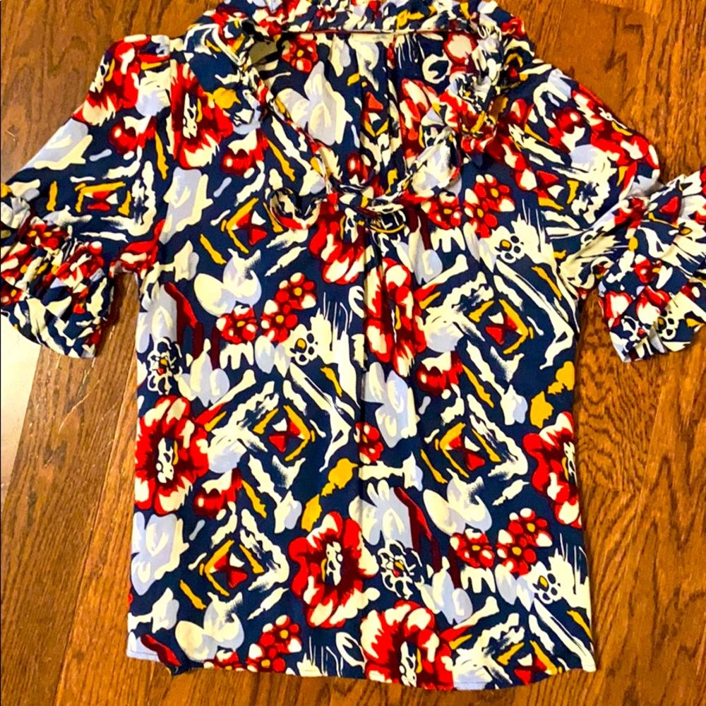 Anthropologie Odille blue/red/yellow ruffled S top